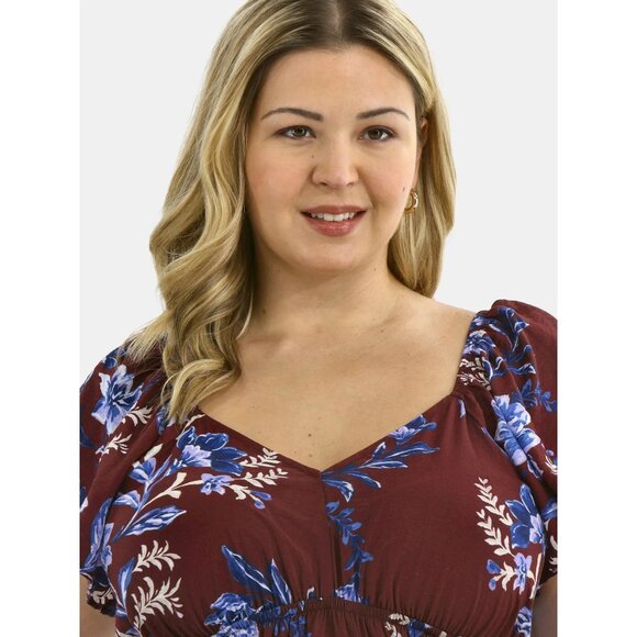 Terra & Sky Women's Plus Flutter Sleeve Midi Tiered Dress Maroon Floral Size 3X - Picture 6 of 15